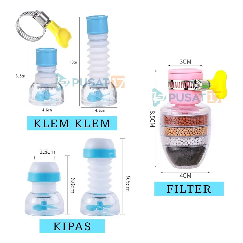 PUSAT17 SAMBUNGAN KRAN AIR SARINGAN FILTER 4 BATU 6 LAPIS / SAMBUNGAN KRAN KERAN AIR FLEXIBLE ANTI SPLASH / SAMBUNGAN KRAN AIR KIPAS KLEM / FAUCET 4