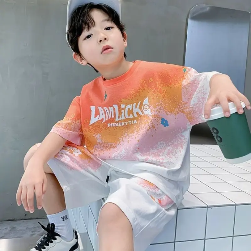 Rokids# Boys Summer Short-sleeved Suit New Medium And Large Children Gradient Sports Suit Quick-drying Fashionable Basketball Uniform