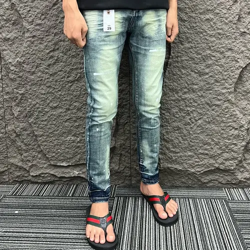 Quần jeans xanh trơn vẩy sơn dập nhăn ( full mác lụa pơ pồ )