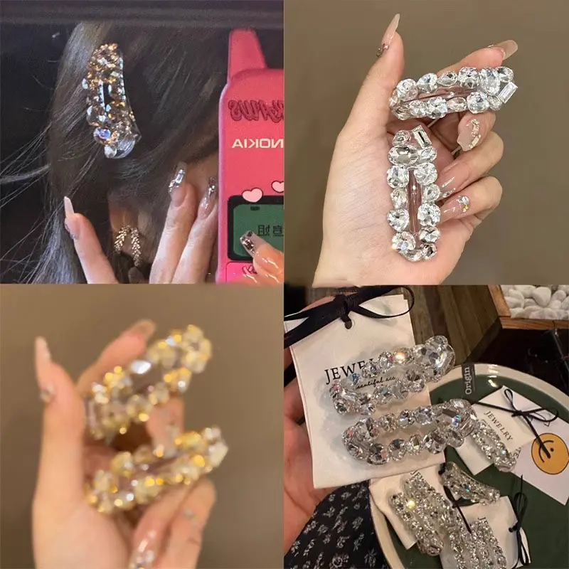 Exquisite Sparkling Rhinestone Hair Clip Side Clip Light Luxury Eight-Character Bangs Clip Forehead Broken Hair Duckbill Clip Hair Accessory Hairpin for Women