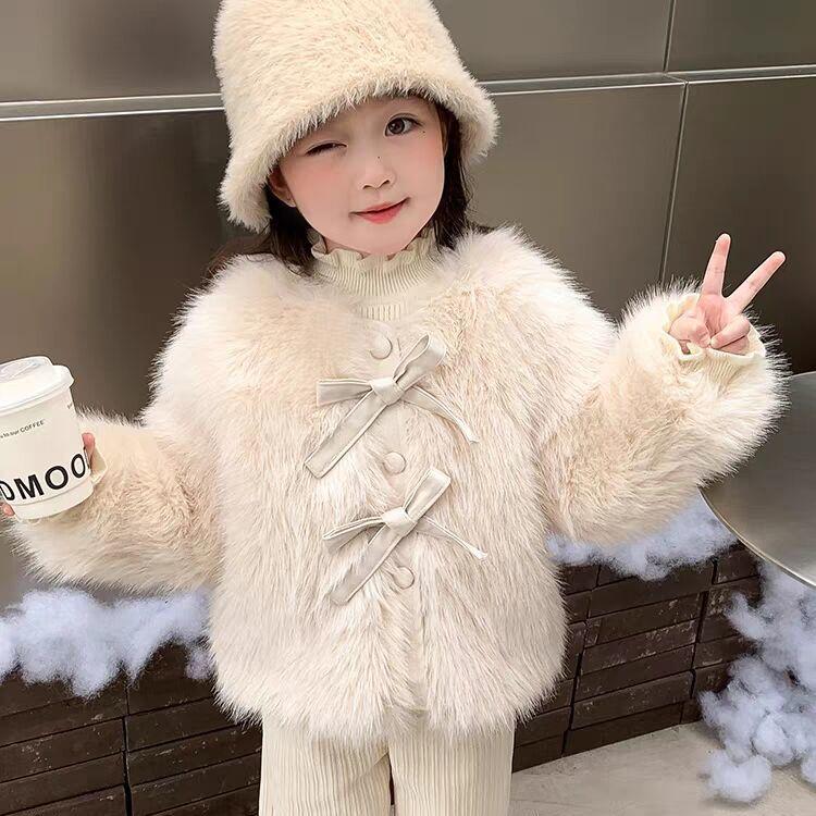 Áo Khoác Bé Gái, Lông Giả, Áo Len Lông Thú, Nơ Trẻ Em, Áo Nhồi Bông Phong Cách Phương Tây, Quần Áo Mùa Thu Và Mùa Đông, Mới Cho Năm 2024 6