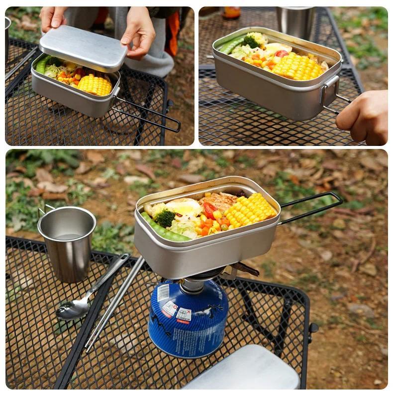 Product Introduction of Camping Outing Folding Handle Aluminum Lunch Box Outdoor Mountaineering Lightweight Portable Lunch Box Tableware 1