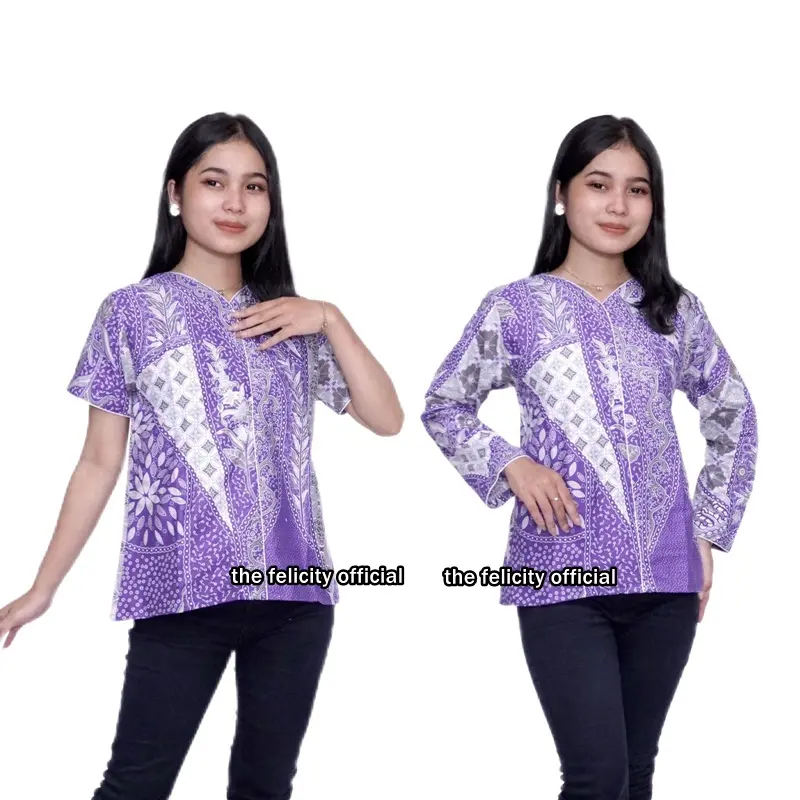 Blouse Batik Wanita Lengan Panjang Pendek Modern Kantor Kerja Lavender by Felicity Katun Putih 0