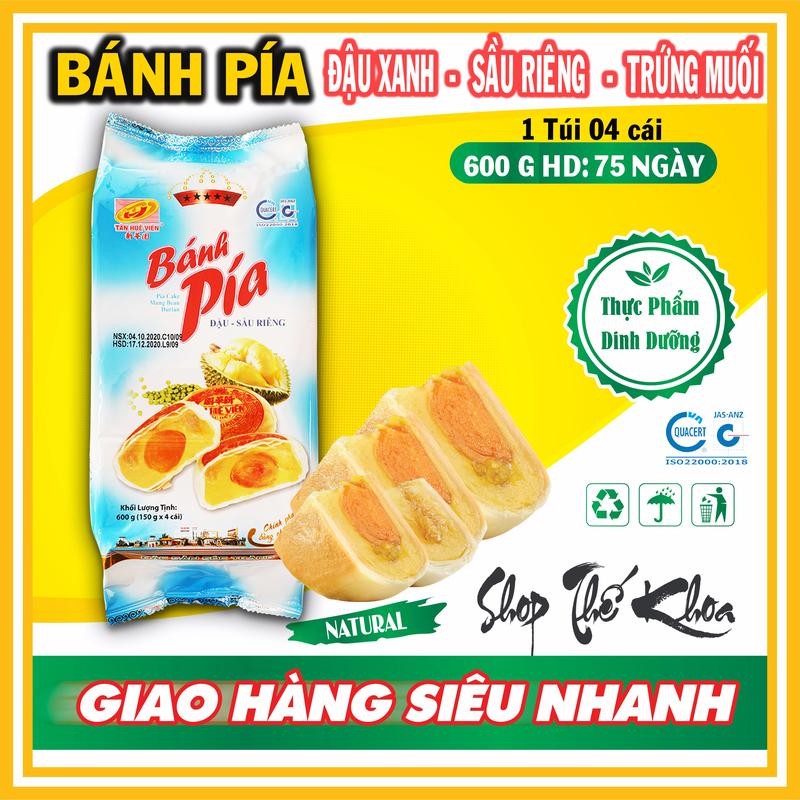 Combo 4 cây Bánh Pía 5 sao - ĐẬU XANH- SẦU RIÊNG - TRỨNG MUỐI - Trọng lượng 600g/túi - Túi có 04 cái - TÂN HUÊ VIÊN - ĐẶC SẢN SÓC TRĂNG - BÁNH PÍA VŨNG THƠM 5