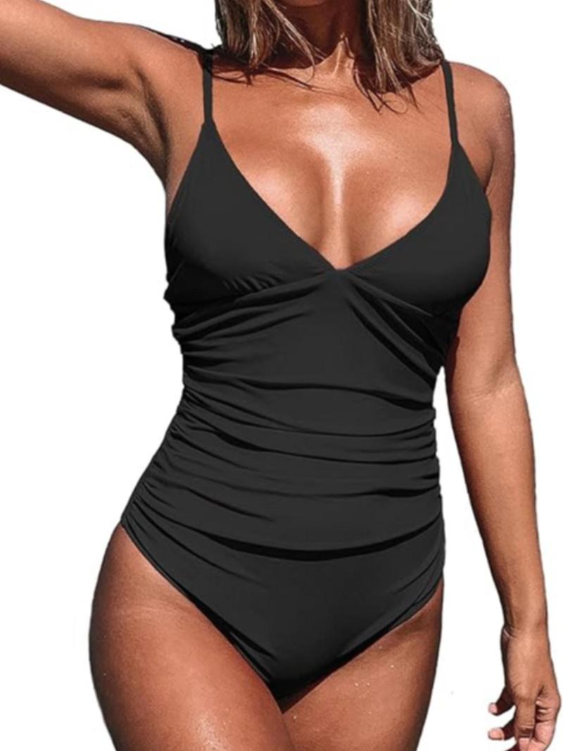Product Introduction of Women's Solid Color Ruched Deep V Neck One-piece Swimsuit, High Stretch Casual Comfortable Adjustable Spaghetti Strap Backless Sleeveless Swimwear for Beach Holiday Vacation, Ladies Swimsuit for All Seasons 1