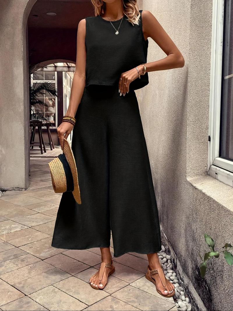Product Introduction of Women's Solid Tank Top & Wide Leg Pants Two-piece Set, Casual Sleeveless Top & Pants for Daily Wear, Travel, Ladies Two-piece Outfits for Summer 1