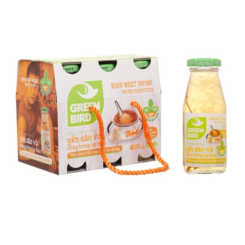 Yến sào đông trùng hạ thảo Green Bird hộp 6 chai x 185ml thực phẩm bổ sung sức khỏe yến tươi sức khỏe trao đổi chất hữu cơ quản lý cholesterol không chứa lactose yen sao chưng