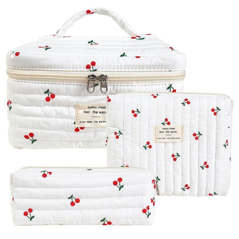 Cherry Pattern Quilted Makeup Storage Bag Set, 3 Counts/set Large Capacity Cosmetic Storage Bag, Zipper Makeup Organizer Pouch for Skincare, Lotion, Cream, Makeup Tool 0