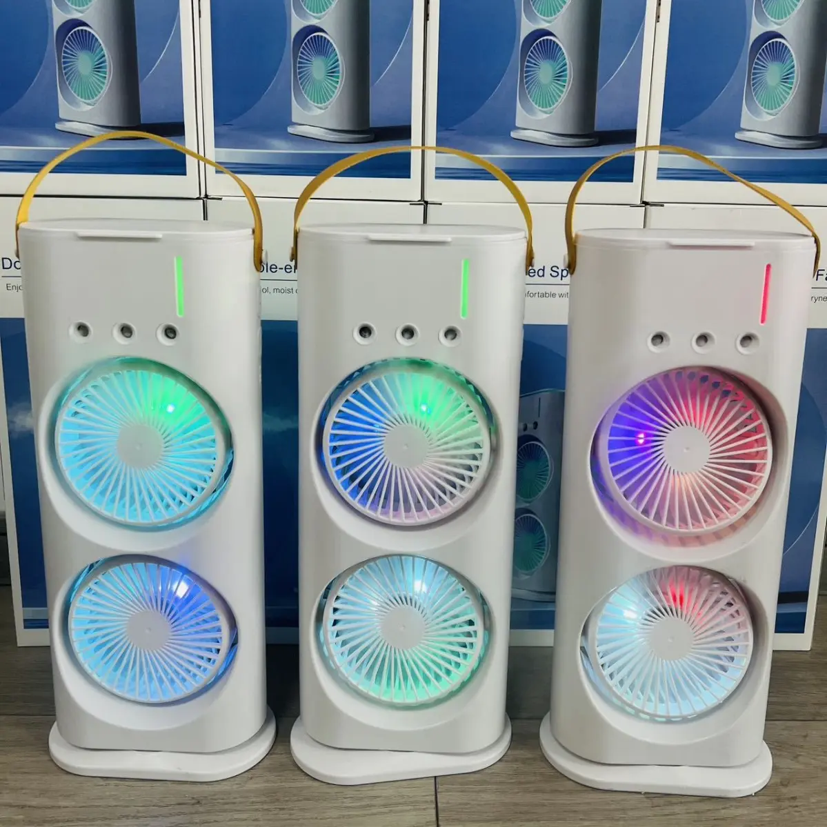Quạt Điều Hòa Phun Sương Hai Đầu Tích Điện Điều khiển từ xa , Quạt Hơi Nước Tích Hợp Đèn LED Với 2 Cánh Gió, 3 Đầu Phun Sương Phụ Kiện