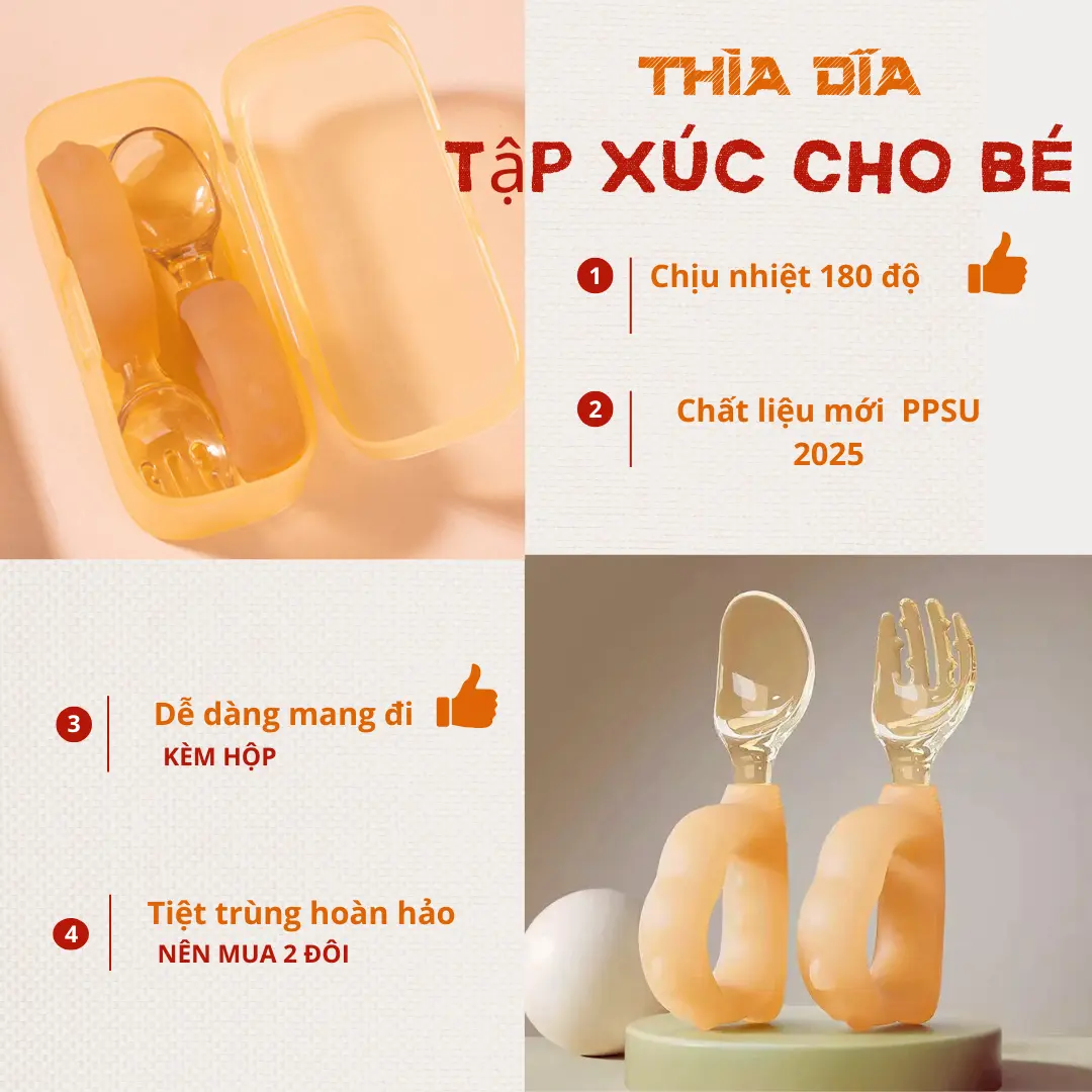 Thìa dĩa ăn dặm kèm hộp PPSU cho bé tập ăn - An toàn, chắc chắn