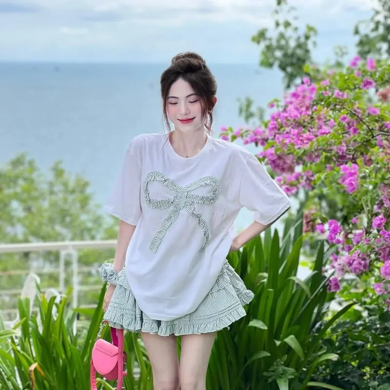 Set Áo Thun Nơ Trắng Chân Váy Tầng Phồng Kèm Dây Chun Tóc Cho Nữ Freesize 40-52kg - Top Women Kem Voi Cotton Nhung