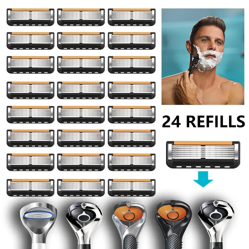 Men's Manual Razor Blade Refill Set, 24pcs/set 6 Layer Stainless Steel Razor Blade Head with Handle, Safety Blade Razor for Men Daily Use