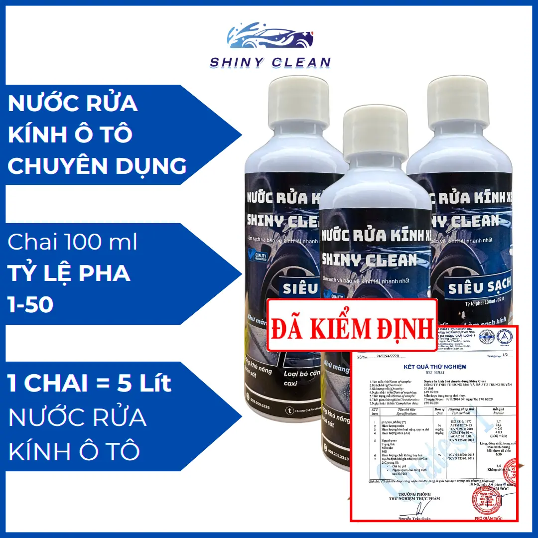 [ĐÃ KIỂM ĐỊNH] Nước Rửa Kính Ô Tô [CHAI ĐẬM ĐẶC 100ml] TỶ LỆ PHA 1-50, Nước Rửa Kính Chuyên Dụng Dành Cho Ô Tô SHINY CLEAN, Phù Hợp Với Mọi Dòng Xe, BẢO HÀNH 2 NĂM