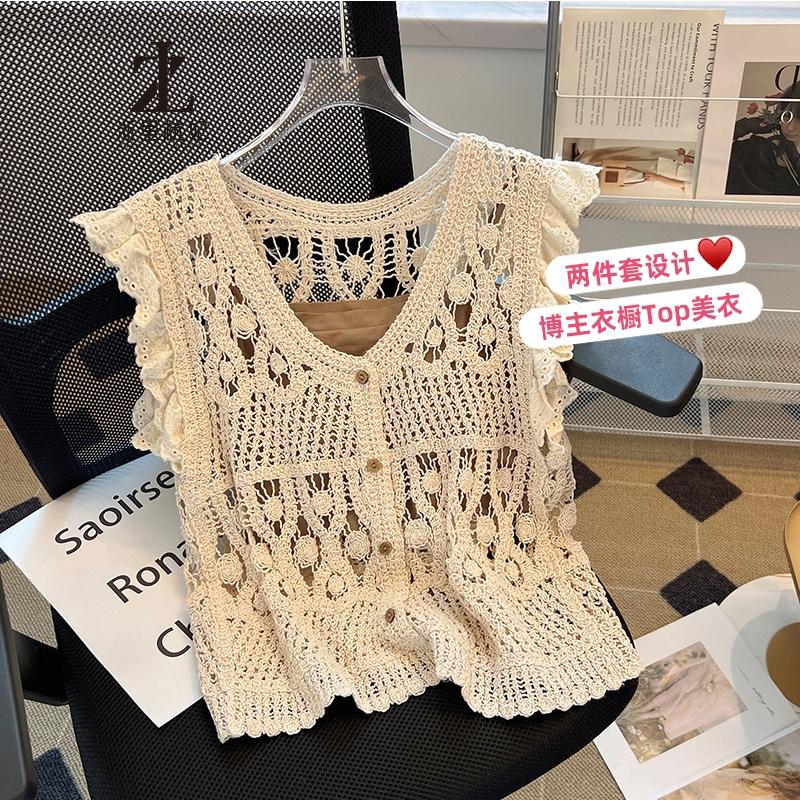  Áo Cardigan Nữ Dệt Kim ZHELIHANGFEI Phong Cách Pháp Móc Rỗng Có Dây Đeo Bên Hông Áo Vest Không Tay Bộ Đồ Hai Mảnh Thích Hợp áo 2 dây croptop thun đệm ngực top Áo Thun bigs áo kiểu ống hai dây quây cho nữ áo ba lỗ nữ 2 dây cổ yếm áo lệch vai 1 bên nữ 