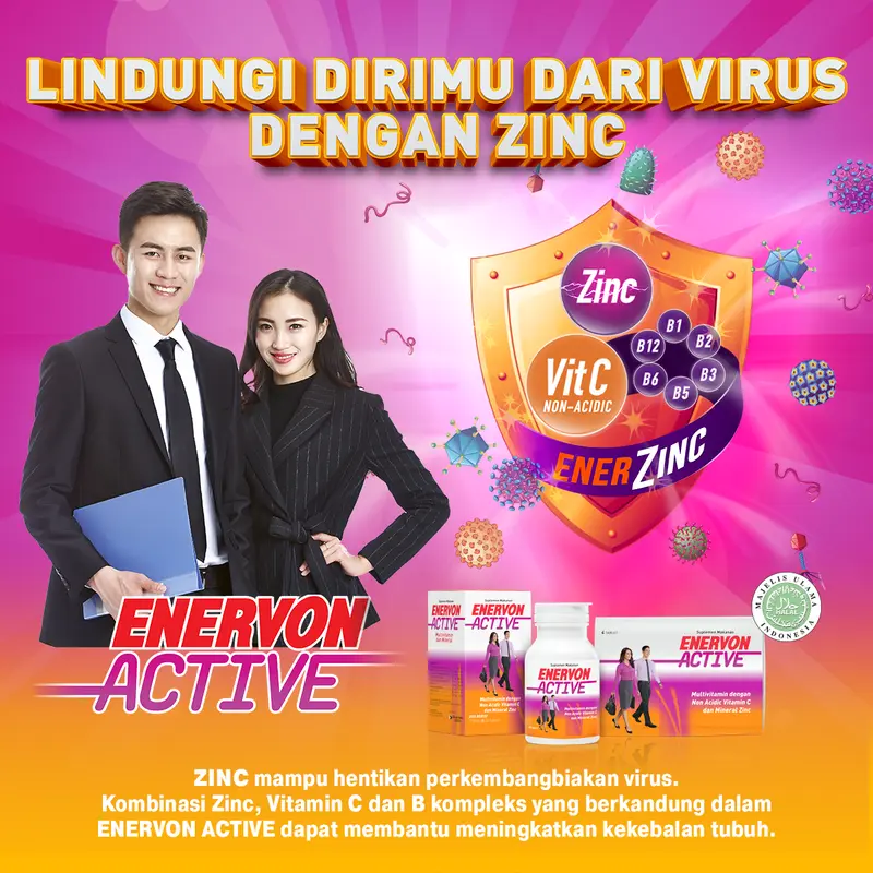 Enervon Active Non-Acidic Vitamin C, B Complex, Zinc Suplemen Multivitamin dan Mineral Isi 30 Tablet (1 Botol x 30) 1