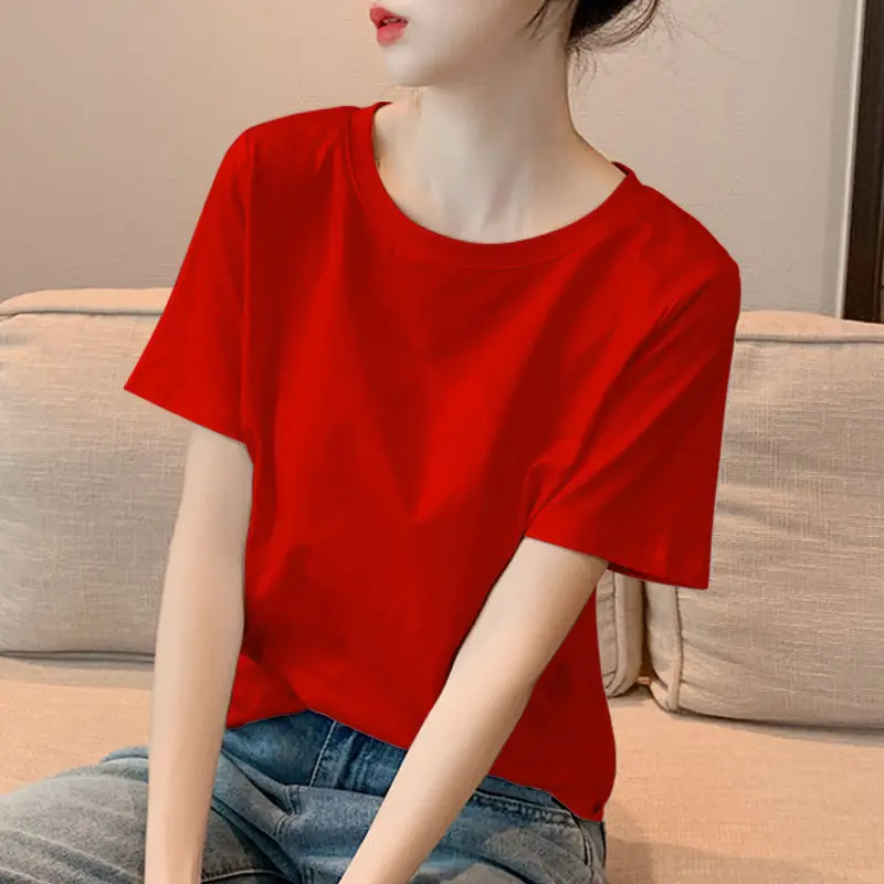 Big Red Short Sleeved T-Shirt For Women In Spring And Summer 2025, New Loose Cotton Round Neck Casual Half Sleeved Minimalist Top