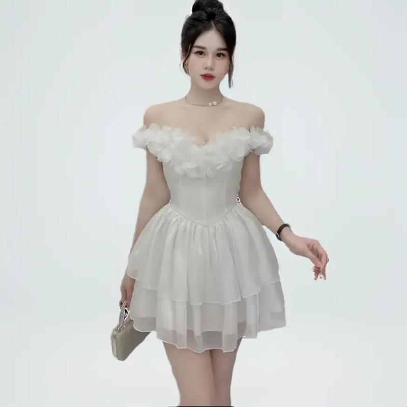 Đầm trễ vai mix hoa laser đi tiệc A423 chất tafta phối tơ oganza form xếp tầng dáng ngắn trên gối có đệm mút freesize KimHoa77 Nữ Dress Voan Kem