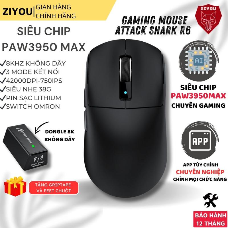 Chuột Không Dây Gaming Mouse Attack Shark R6 Siêu Chip PAW3950MAX 42000DPI Polling Rate 8Khz Nhẹ 38G
