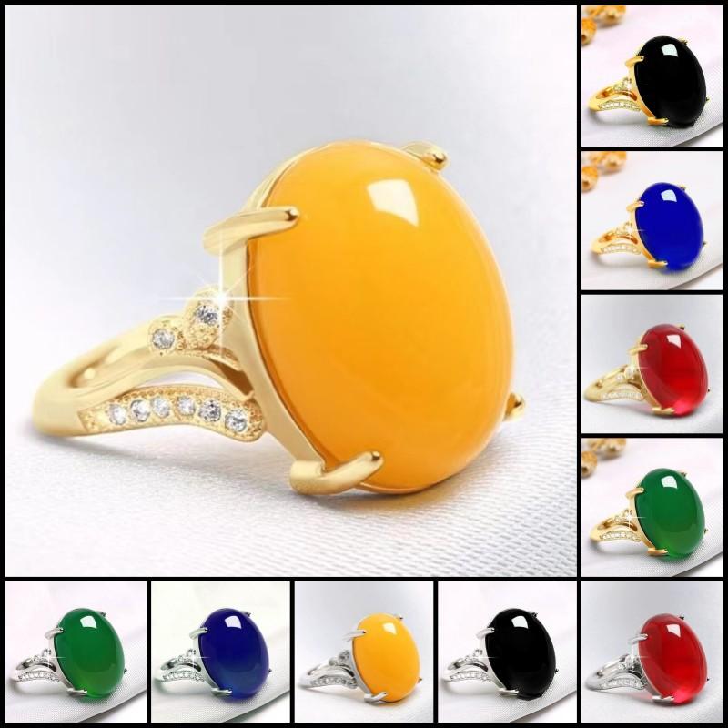 Product Introduction of Gold Inlaid Imitation Sapphire Ring for Women Luxurious Inlaid Imitation Red Green Black Yellow Agate Adjustable Ring 0