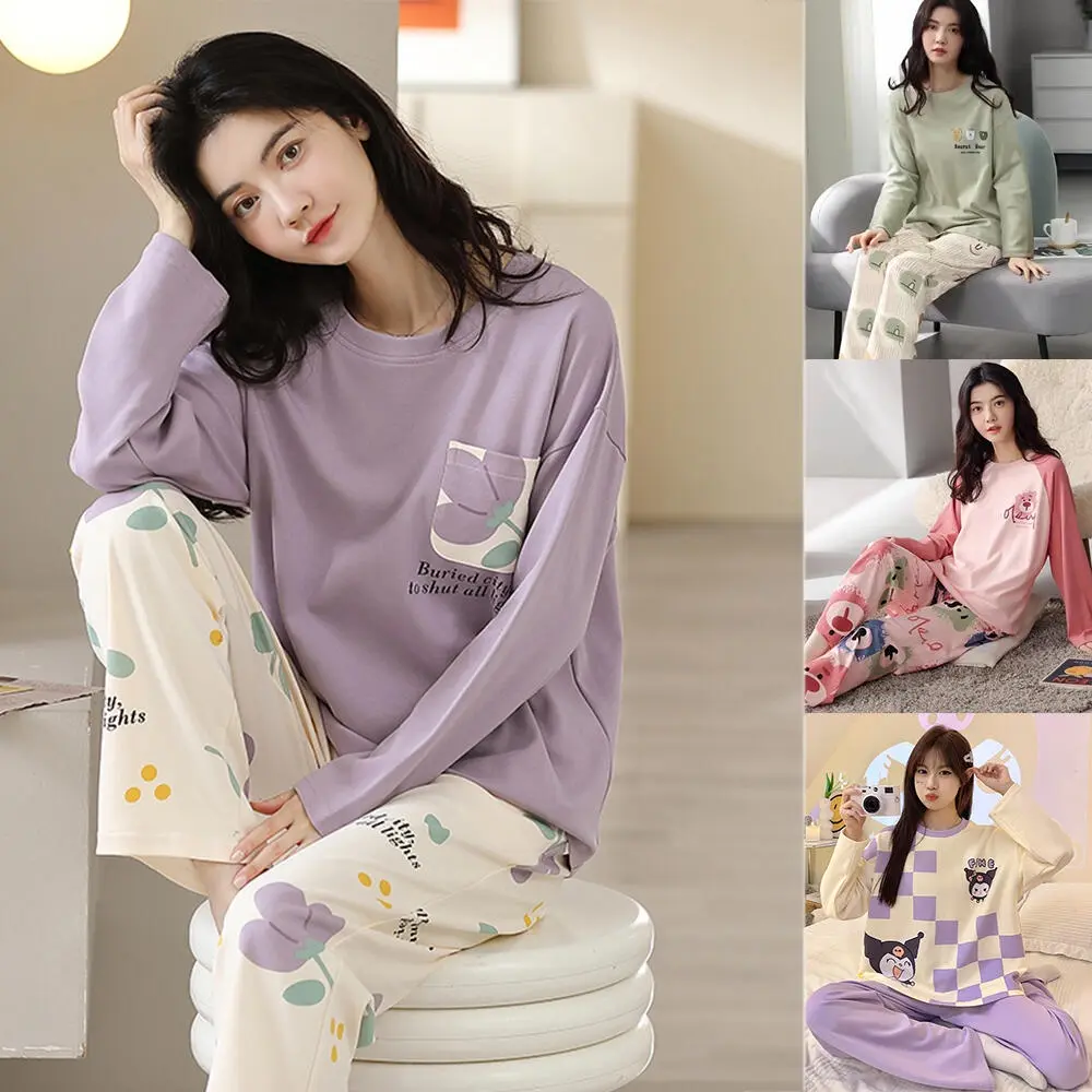 Quần áo gia đình cỡ lớn dành cho phụ nữ, Mthoải mái, đồ ngủ in hình hoạt hình, quần dài tay, bộ đồ ngủ