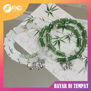 FXG Gelang Elegan Batu Giok dengan Pesona Butterfly Charm GLG21
