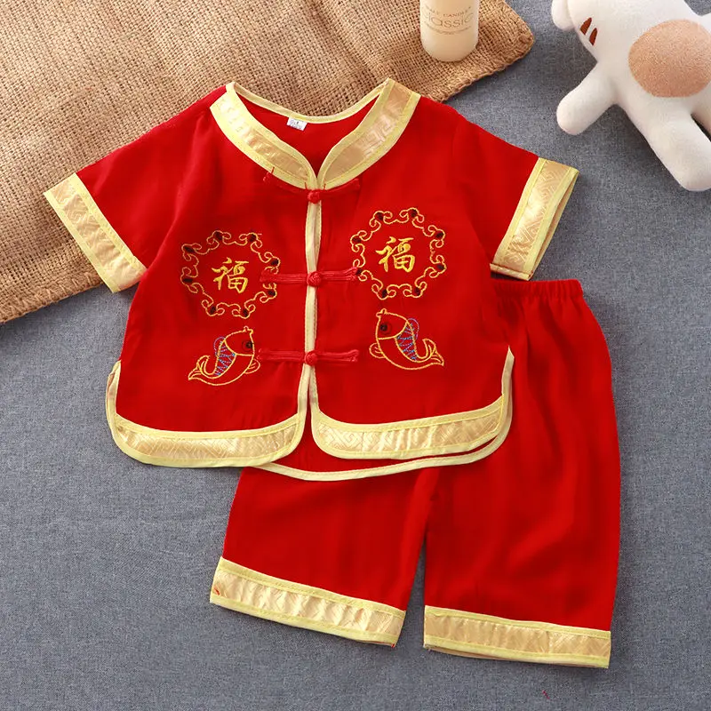 Quần Áo Em Bé Phong Cách Trung Quốc Bộ Đồ Tang Người Kế Vị Rồng Cho Bé Trai, Bộ Đồ ngắn Tay, Kirin Đôi, Quần Áo Truyền Thống Trung Quốc Cho Bé Trai Ảnh 1 Tuổi