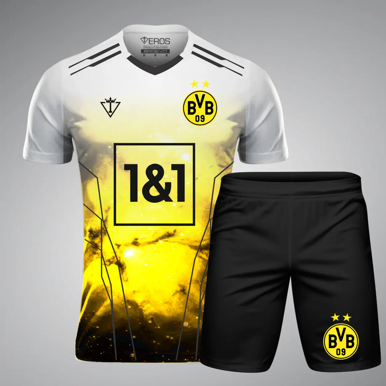 TOP ĐỒ THỂ THAO TAY NGẮN, ĐỒ BÓNG ĐÁ DORTMUND GALAXY VÀNG ĐEN W8, VẢI THUN MÈ CAO CẤP, CO GIÃN 4 CHIỀU, TOP MẪU MỚI NHẤT EROS SPORT