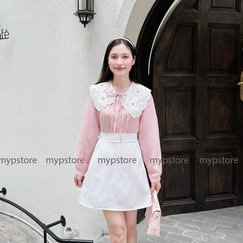 Áo sơ mi bâu ren cột nơ tay phồng dài Mypstore