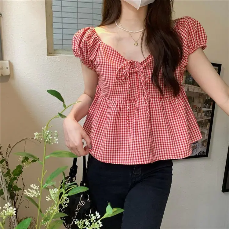 Sweet Pink Short Sleeve Plaid Shirt Women's Summer 2024 New Lace-up Doll Shirt Short Small Shirt Top Womenswear Blouse Lingerie Lady Comfort Chic Casual Pambabae
