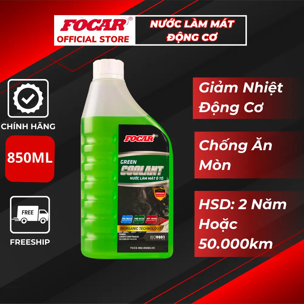 Nước làm mát động cơ ô tô Focar Green Coolant màu xanh lá 850ml