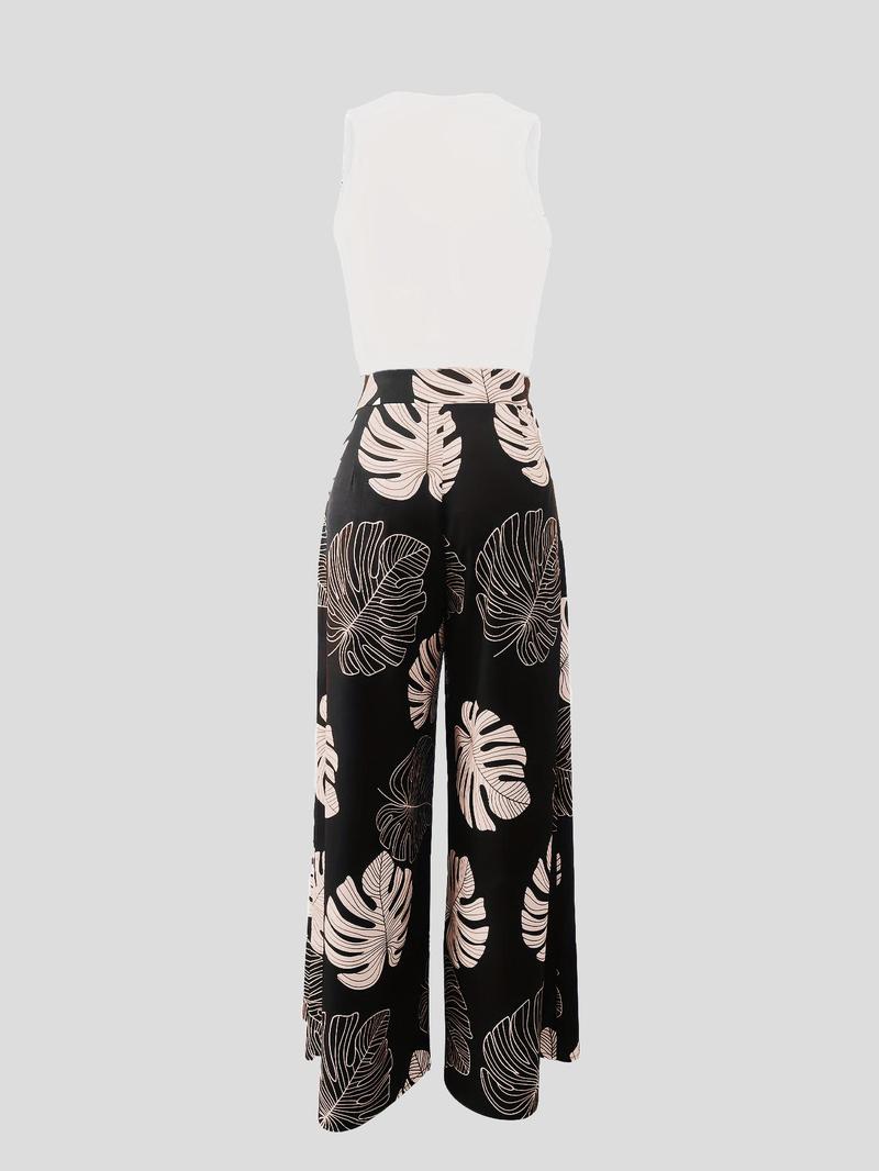 Product Introduction of Women's Solid Crop Top & Leaf Print Wide Leg Pants Two-Piece Set, Elegant Fashion Casual Top & High Waist Trousers for Daily Outdoor Wear, Ladies Outfits for Summer 5