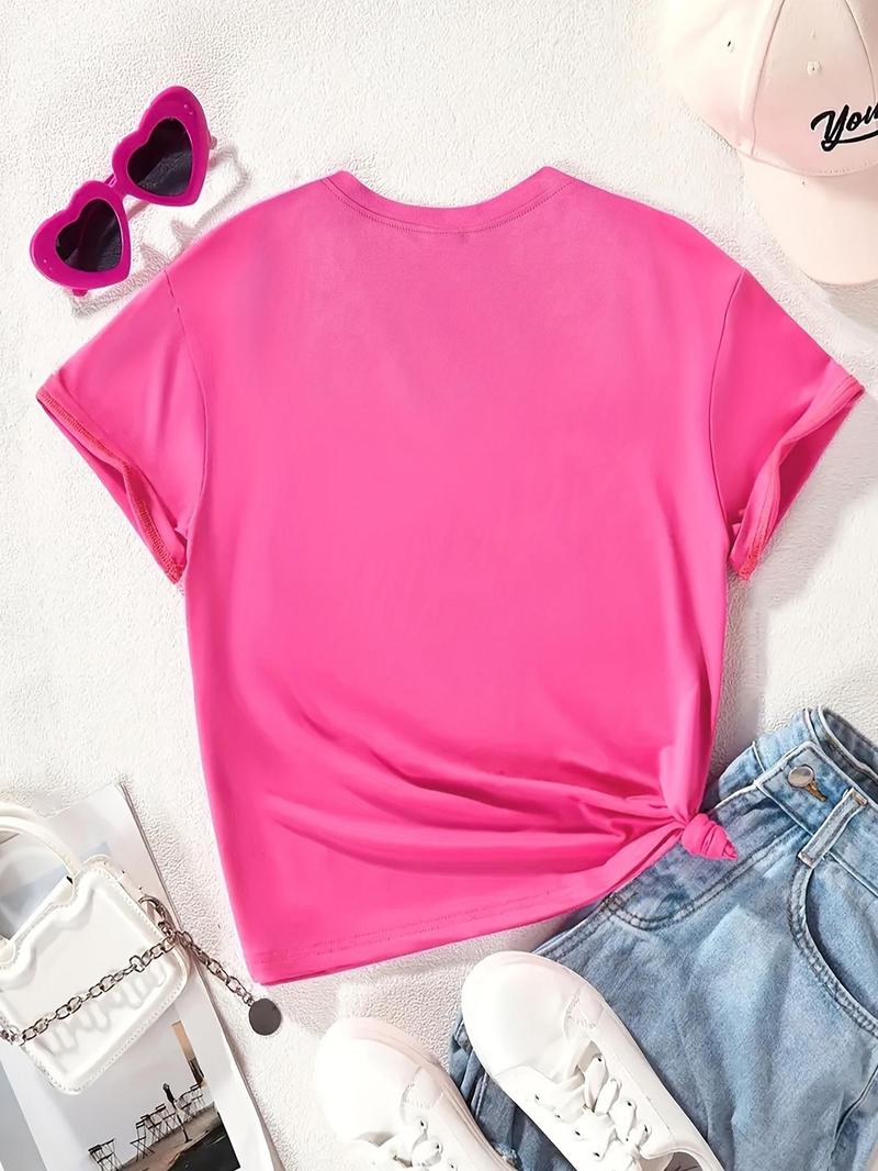 Product Introduction of Girl's Cartoon Print Round Neck Tee, Fashion Casual Drop Shoulder Short Sleeve T-shirt, Girls Summer Clothes for Daily Wear 2