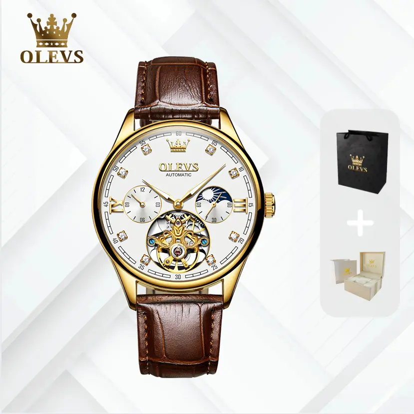 Đồng Hồ Cơ Nam【OLEVS 3601】Thời Trang Sang Trọng Chính Hãng, Dây Da Cao Cấp Có Ô Lịch Ngày/ Đêm Chống Nước 3ATM Dạ Quang Size 40.5mm