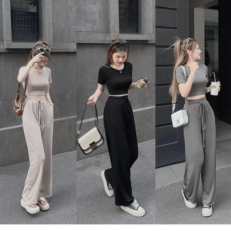 Bộ quần áo thun tăm cộc tay nữ 40kg-62kg áo croptop không khoét lỗ sau lưng quần ống rộng chất vải mềm mại co giãn Nữ Ong Voi Màu Đen Tay ngắn Trơn Women set