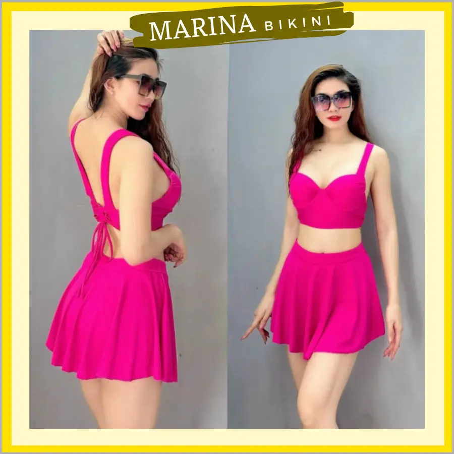 Bikini 2 mảnh đồ bơi nữ đi biển gọng vuông mút dày váy xòe Marina026