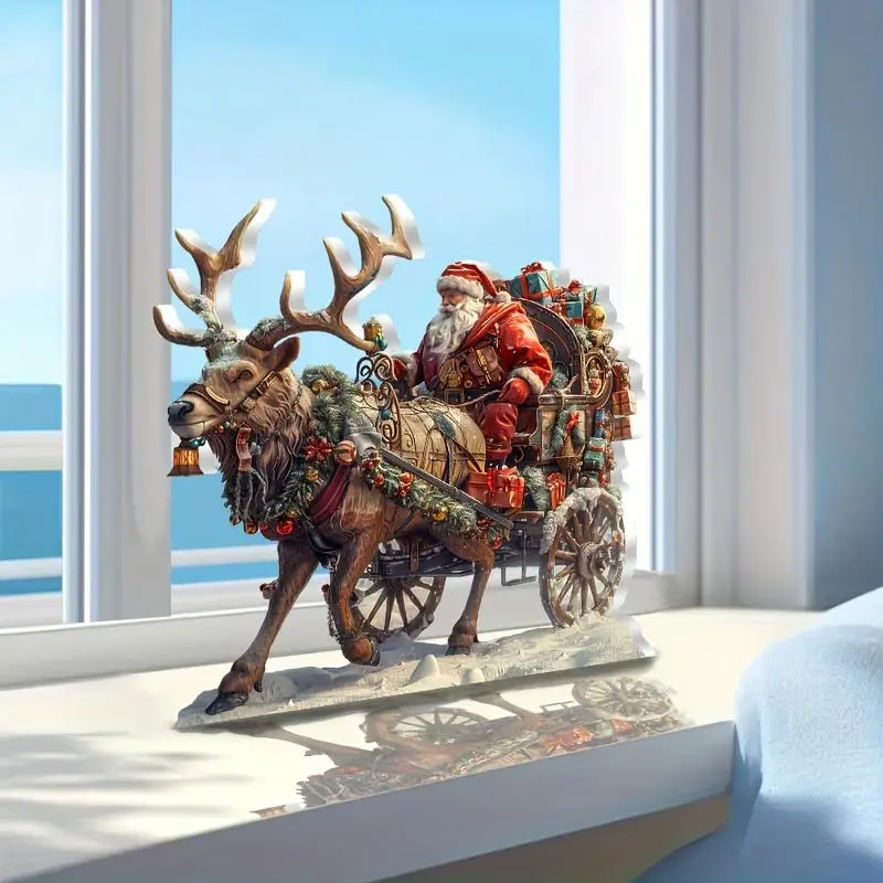 Christmas Santa Claus & Reindeer Design Acrylic Ornament, Creative Desktop Decoration, Home Decor Supplies for Bedroom & Office