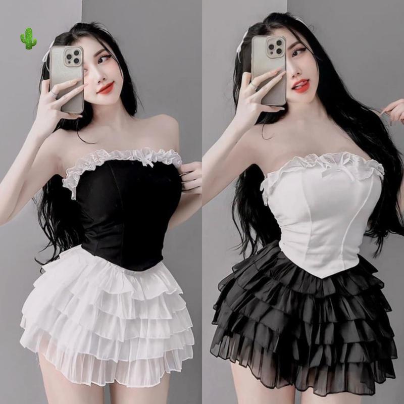 Set  chân váy voan 5 tầng và áo ống gân phối ren (có mút) cho phụ nữ - Tông màu xinh xắn Women Top đầm  cúp