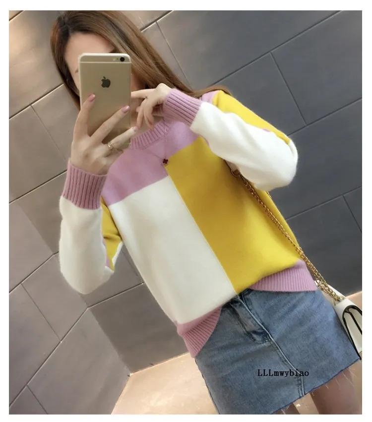 Product Introduction of Women color block pullover sweater autumn winter New Fashion large size round neck knitted tops female long sleeve jumper S-2XL 14