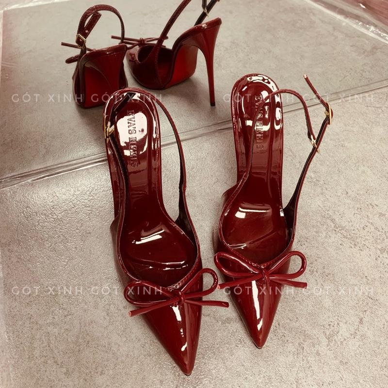 GÓT XINH - Giày cao gót bít mũi phối nơ xinh xắn hở gót sau màu đỏ đô cao 7 9 10 11 12 phân (Dhg) dép sandal