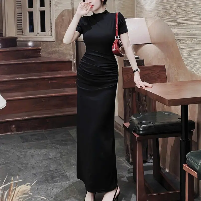 Đầm Body Cổ Cao Tay Ngắn Giấu Bụng dáng dài tôn dáng 5