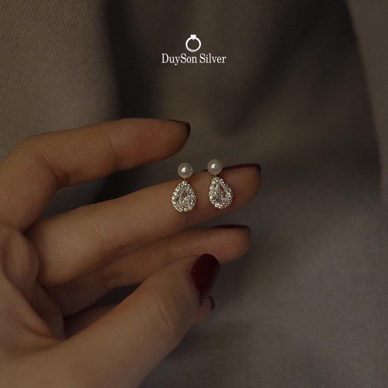  Bông tai bạc nữ hình giọt nước đính ngọc trai DUYSON SILVER khuyên tai nữ bạc Ý 925 mạ vàng 18k cao cấp  1 ĐÔI   KNXK13  
