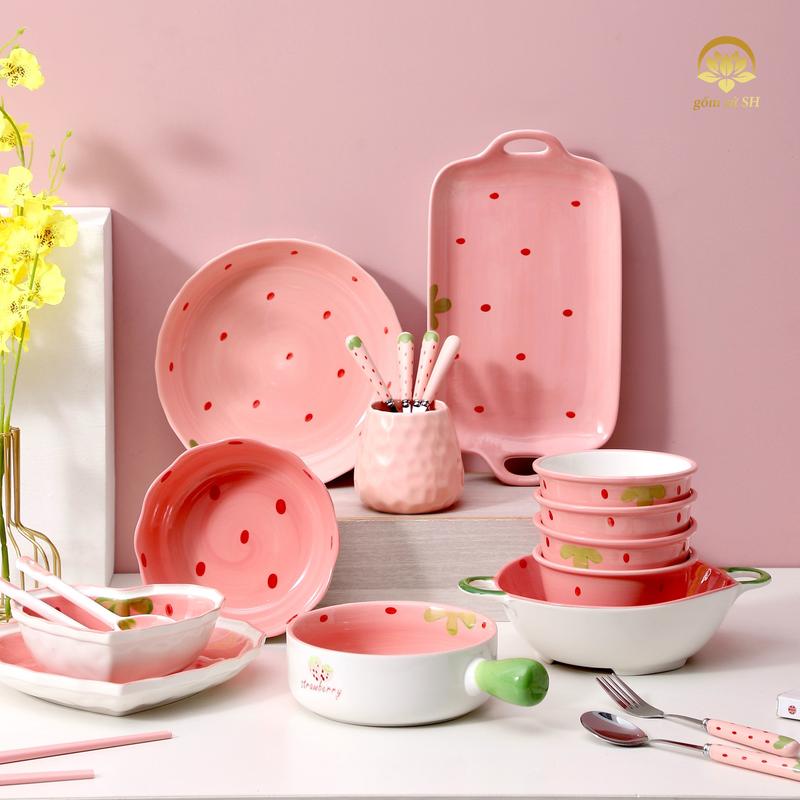Bộ chén sứ đĩa thố tô ly ,bộ dụng cụ ăn cơm gia đình họa tiết dâu tây siêu đáng yêu - Gốm sứ SH