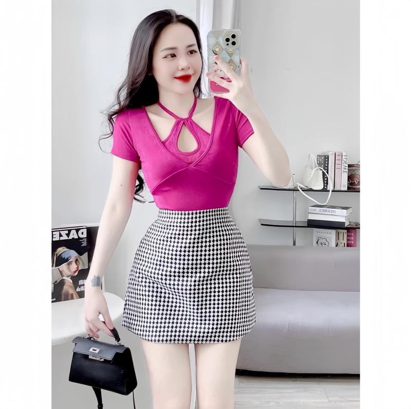 [HH.BIGSIZE] Áo Thun Nữ Tay Ngắn Kiểu Cổ Yếm Khoét Ngực Giọt Nước chất thun tăm [TN0207] Top Women