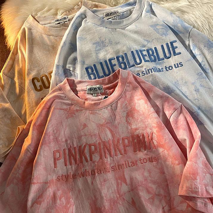 Product Introduction of Tie-Dye Top T-Shirt Embroidered Letters Couple Outfit Best Friend Outfit Short Sleeve T-Shirt Women Summer Loose Casual Top T-Shirt 6