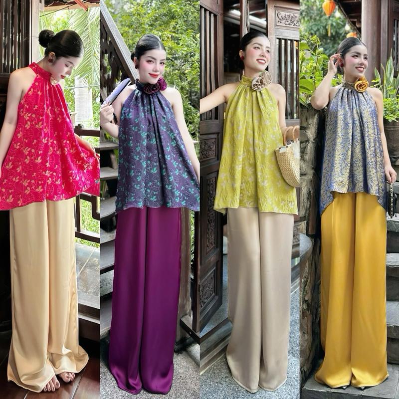 Set Đồ Mặc Tết Nữ Áo Gấm Tơ Tầm Đính Hoa Kèm Quần Lụa Tô Châu - Women Kem - Top