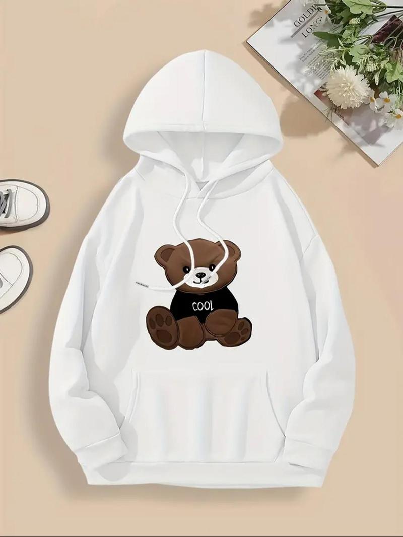 Product Introduction of Women's Cartoon Bear Print Drop Shoulder Hoodie, Fashion Casual Drawstring Pocket Hooded Sweatshirt for Daily Holiday Outdoor Wear, Women Clothing for Fall & Winter 1