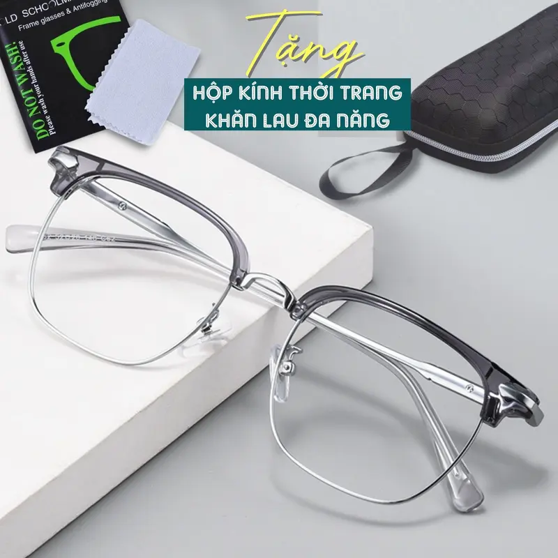 Gọng kính nam trong suốt, kính mắt nam cận thời trang chống ánh sáng xanh tia UV tròng 0 độ cao cấp tặng hộp đựng và khăn lau DETINO K16 6