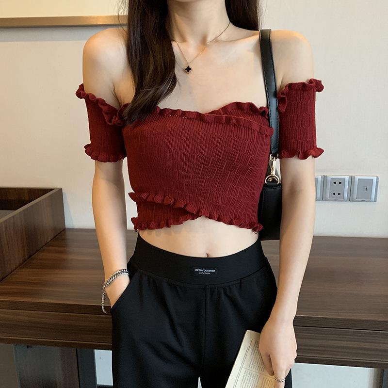 Product Introduction of Áo Sơ Mi Rốn Ngắn, Phong Cách Hồng Kông, Bó Sát, Cạp Cao, Cổ Chữ V, Trễ Vai, Áo Vest Len, Dành Cho Nữ, Trang Phục Mùa Hè 8