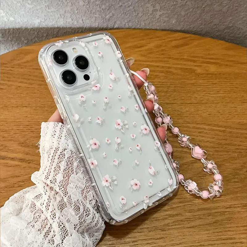 Cherry Blossom Pattern Phone Case with Lanyard, Decorative Phone Protector Cover, Phone Accessories Compatible with iPhone Samsung 1