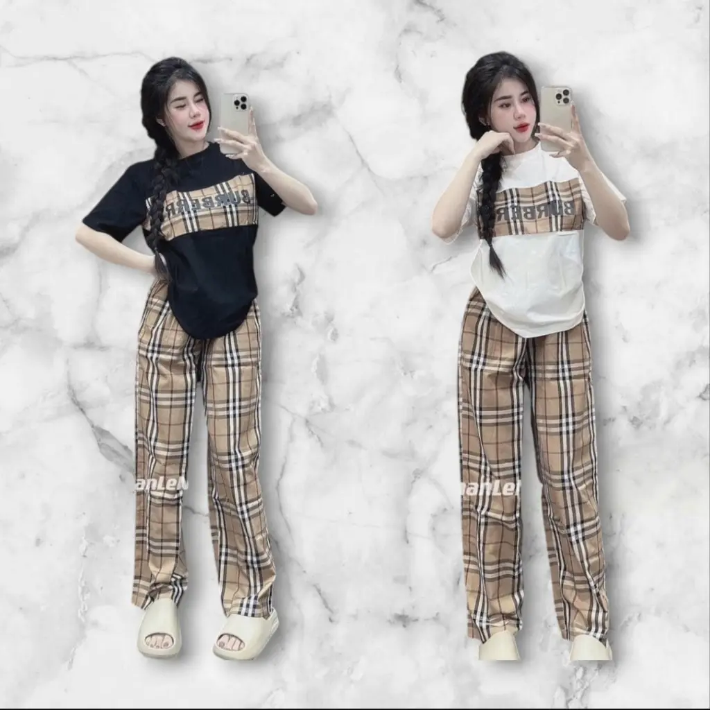 Sét bộ  BB.Ri áo phông tay lỡ phối kẻ  +Quần kẻ dài Nữ Womentop 2025top Voi Cotton